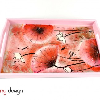 Pink rectangular lacquer tray with hand-painted lotus pond  20x32 cm